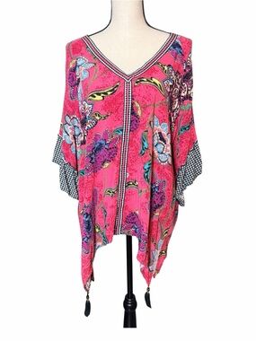 Democracy Pink Floral Boho Tunic Blouse – Gingham Ruffle & Tassels – Size 1X